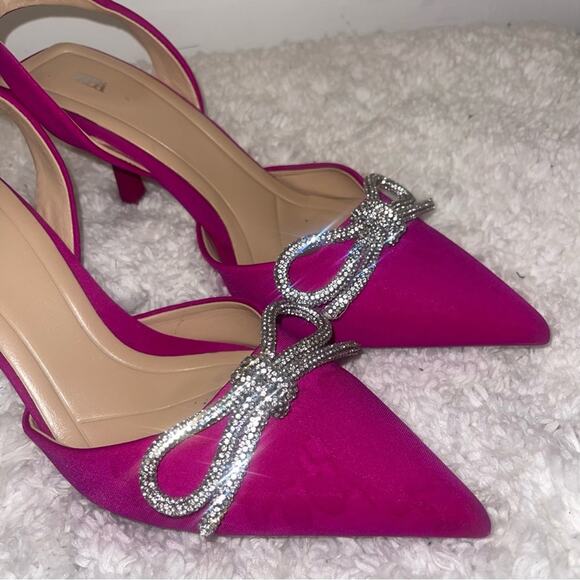 Zara Pink Slingback Heel Satin Effect Rhinestone Bow Shoes - Picture 4 of 9
